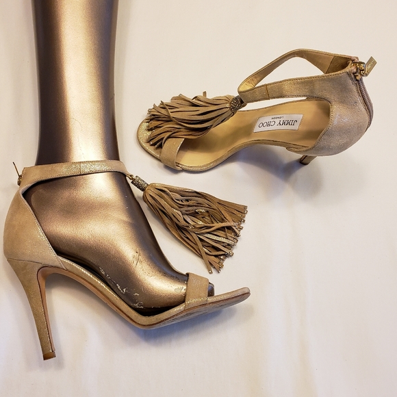 Jimmy Choo Metallic Strappy Heels with Tassels - Picture 2 of 15